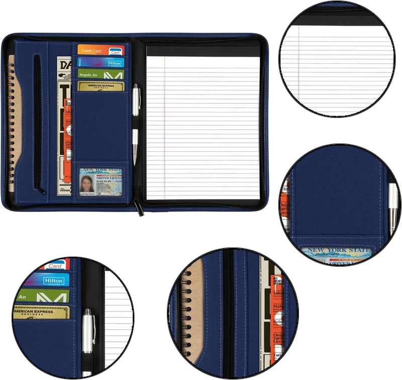 Gorbado Zippered Portfolio Organizer/ A4 Refillable Lined Writing Notepad Folder Case/Fabric-Covered Padfolio Binder with Interior Storage Pocket for Men Women, Navy Blue - Image 5